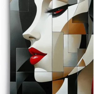 Paul Sinus 60x90cm Wandbild Crimson Beauty – Modernes Frauenporträt in geometrischer Eleganz auf Leinwand Holzrahmen