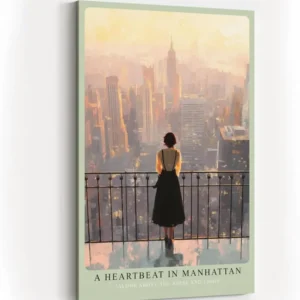 Paul Sinus Wandbild in 40x60cm A Heartbeat in Manhattan – Frau auf Balkon mit Blick auf New Yorker Skyline im Abendlicht, stimmungsvolles Stadtmotiv