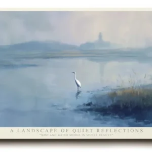 Paul Sinus Wandbild A Landscape of Quiet Reflections – Mystische Landschaft mit Reiher im Nebel über stillem Wasser, poetisches Naturmotiv in sanften Blautönen