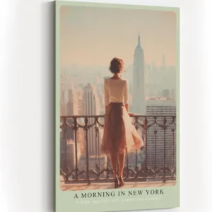 Paul Sinus Wandbild in 40x60cm A Morning in New York – Frau auf Balkon mit Blick auf Empire State Building, stimmungsvolles Stadtmotiv im Morgenlicht