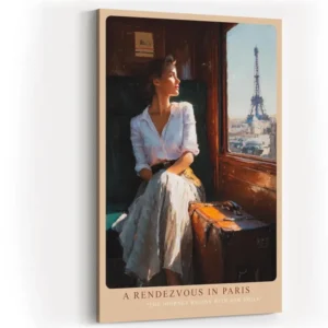 Paul Sinus Wandbild in 40x60cm A Rendezvous in Paris – Frau im Zug mit Blick auf den Eiffelturm, romantische Stadtszene im warmen Licht