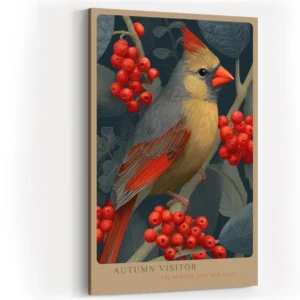 Paul Sinus Wandbild in 40x60cm Autumn Visitor – Detailreiche Darstellung eines farbenprächtigen Vogels zwischen leuchtend roten Beerenzweigen
