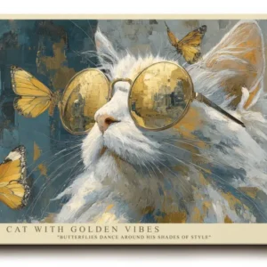 Paul Sinus Wandbild Cool Cat with Golden Vibes Stylish Cat with Butterflies in Motion
