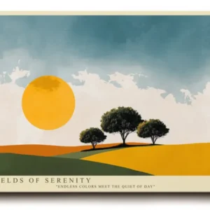Paul Sinus Wandbild Fields of Serenity – Minimalistische Landschaft mit leuchtender Sonne und sanften Farbtönen, Symbol für Ruhe und Weite