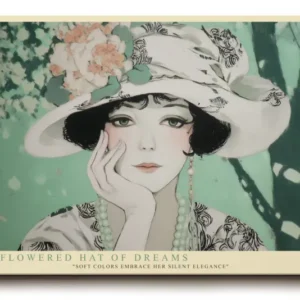 Paul Sinus Wandbild The Flowered Hat of Dreams nostalgisches Porträt einer Frau mit floralem Hut in sanften Pastelltönen