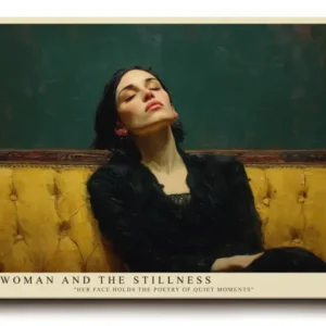 Paul Sinus Wandbild The Woman and the Stillness – Frau auf gelbem Sofa symbolisiert Ruhe, Eleganz und die Schönheit der Stille