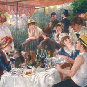 Luncheon of the Boating Party by Pierre-Auguste Renoir — A boating party lingers over wine and fruit on a shaded terrace