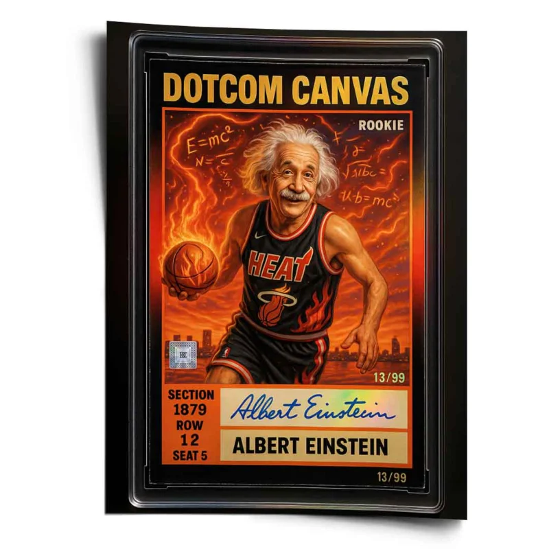 DOTCOMCANVAS Albert Einstein Basketball Card Pop Art Wandbild Poster Frontansicht – Albert Einstein als Miami-Heat-Rookie-Sammelkarte