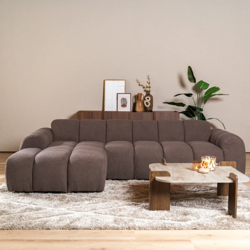 Banken-Ecksofa mit Lounge-Softbraun Bouclé Stoff - Streifen - links - Brix -Dimehouse