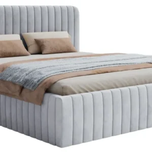 Polsterbett 180x200 cm Saliano mit Stauraum, taubenblauer Velours, wasserabweisend