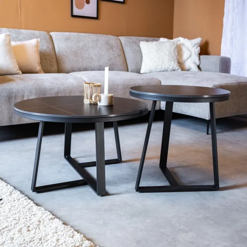 Couchtische - Couchtisch 2er-Set Tanner rund Marmoroptik schwarz rund - Dimehouse
