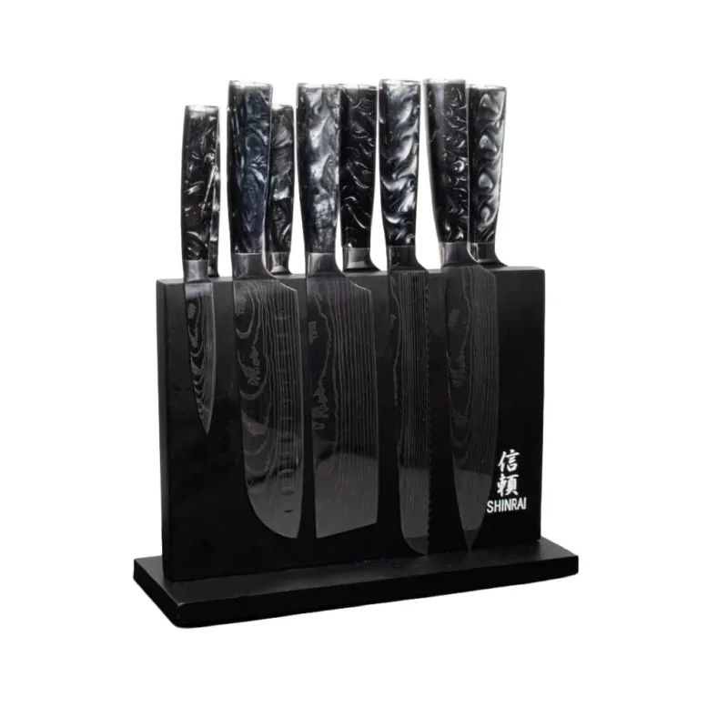 Shinrai Knives - Damascus Print Onyx Epoxy 9-delige Messenset + Magnetisch Messenblok Dubbelzijdig - Zwart Messenset met blok Shinrai Knives