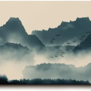 Sinus Art Wandbild 120x80cm Faszinierende Bergsilhouetten im Nebel mit dynamischem Vogelschwarm erzeugen eine ruhige und kraftvolle Atmosphäre