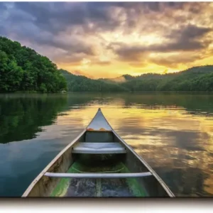 Sinus Art Wandbild 120x80cm Faszinierender Blick vom Boot über den See mit goldener Himmelsreflexion