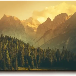 Sinus Art Wandbild 120x80cm Goldenes Abendlicht taucht die Berge und Wälder in sanfte, beruhigende Töne
