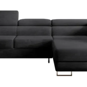 Ecksofa mit Schlaffunktion Stevil, L-förmig, mit Stauraum, schwarzer Cordstoff, rechtsseitig