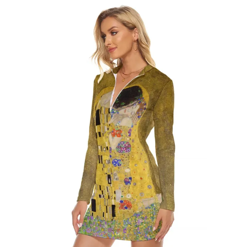 Model wearing The Kiss by Gustav Klimt long-sleeve bodycon dress with front zipper