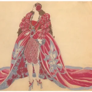Costume Titien by Umberto Brunelleschi — An elaborate crimson gown trails a jeweled Renaissance cape
